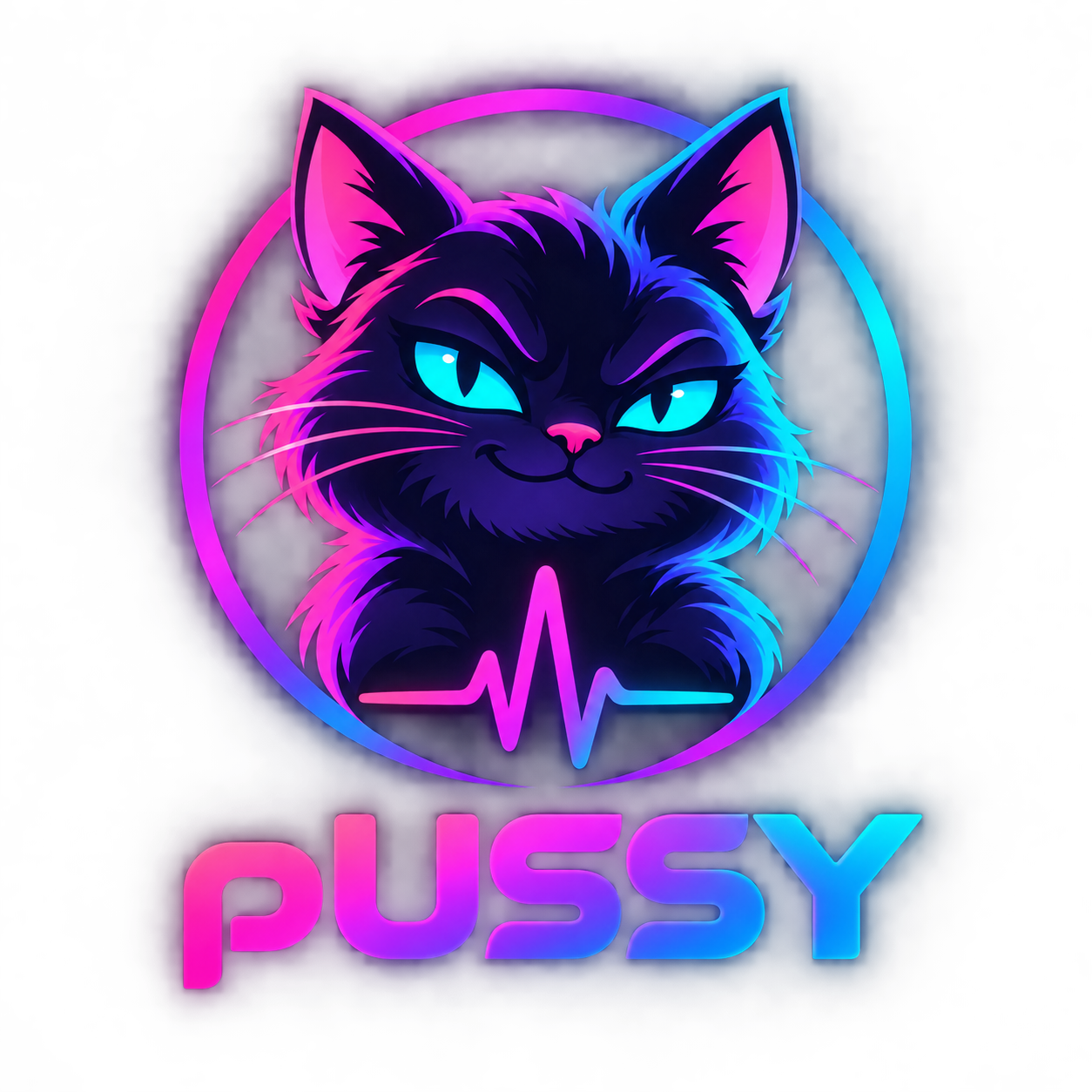 Mischievous neon pink, purple and cyan pUSSY cat with a heartbeat emblem
